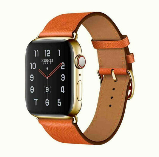 24K Gold Plated iWatch SERIES 8 HERMES 45mm Attelage Gold Buckle Orange Ban