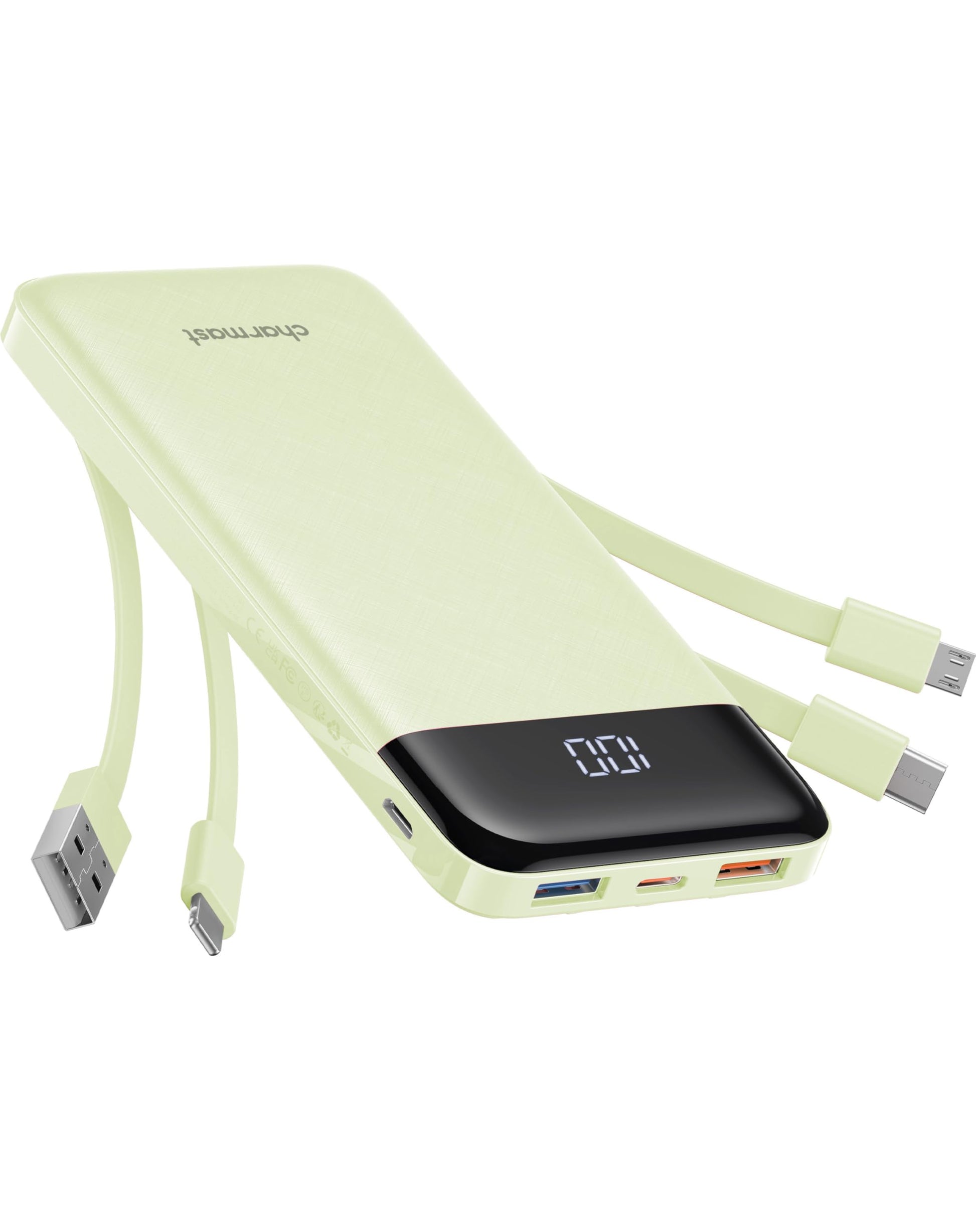 Charmast Portable Charger with Built in Cables, Power Bank with Cords Wires, Slim 10000mAh Travel Battery Pack 6 Outputs 3 Inputs 3A Fast Charging for Samsung Google Pixel LG Moto iPhone iPad