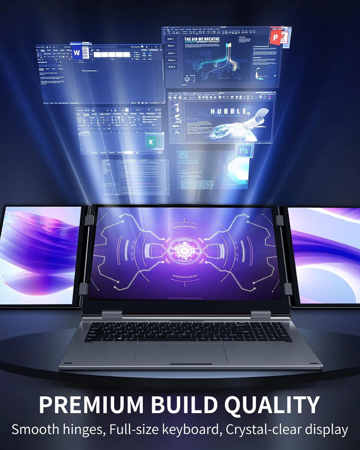 Triple Screen Laptop,16” Main + Dual 10.5” Monitors, Core i7-12700H, 32GB RAM,2TB SSD, Windows 11 Pro,Wi-Fi 6,BT 5.2,Face & Fingerprint Unlock,USB-C,HDMI for Business/Design/Stock Trading