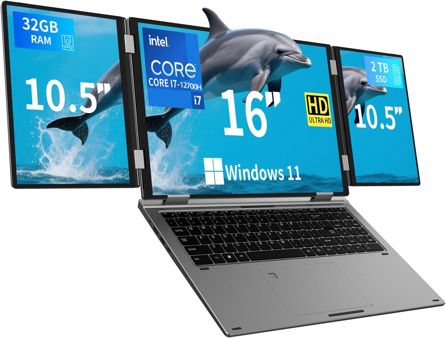 Triple Screen Laptop,16” Main + Dual 10.5” Monitors, Core i7-12700H, 32GB RAM,2TB SSD, Windows 11 Pro,Wi-Fi 6,BT 5.2,Face & Fingerprint Unlock,USB-C,HDMI for Business/Design/Stock Trading