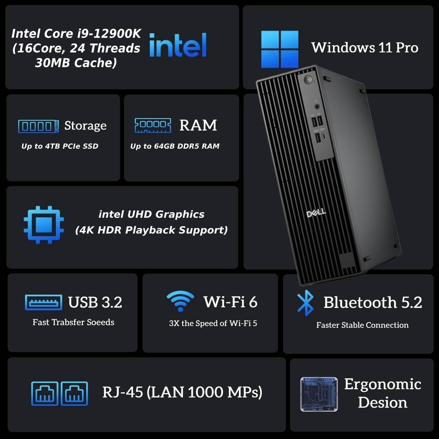 Dell 2025 Slim Business Desktop - Inte Core i9-12900K, (16Core, 24Threads) Ultra-Quiet Design, 64GB DDR5 RAM, 1TB PCIe SSD, Dual 4K Monitor Support, Wired Keyboard and Mouse, Windows 11Pro