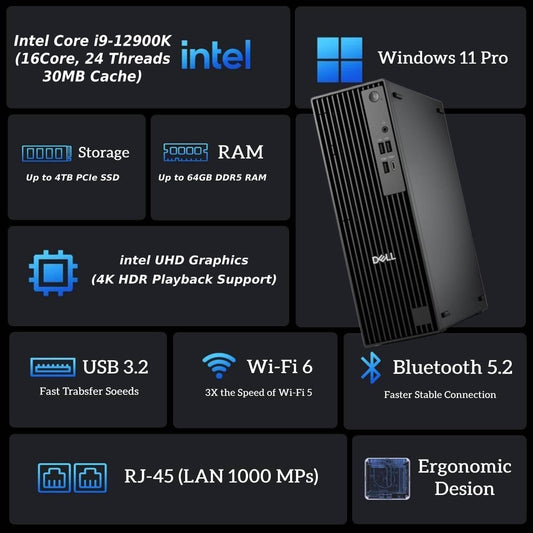 Dell 2025 Slim Business Desktop - Inte Core i9-12900K, (16Core, 24Threads) Ultra-Quiet Design, 64GB DDR5 RAM, 1TB PCIe SSD, Dual 4K Monitor Support, Wired Keyboard and Mouse, Windows 11Pro