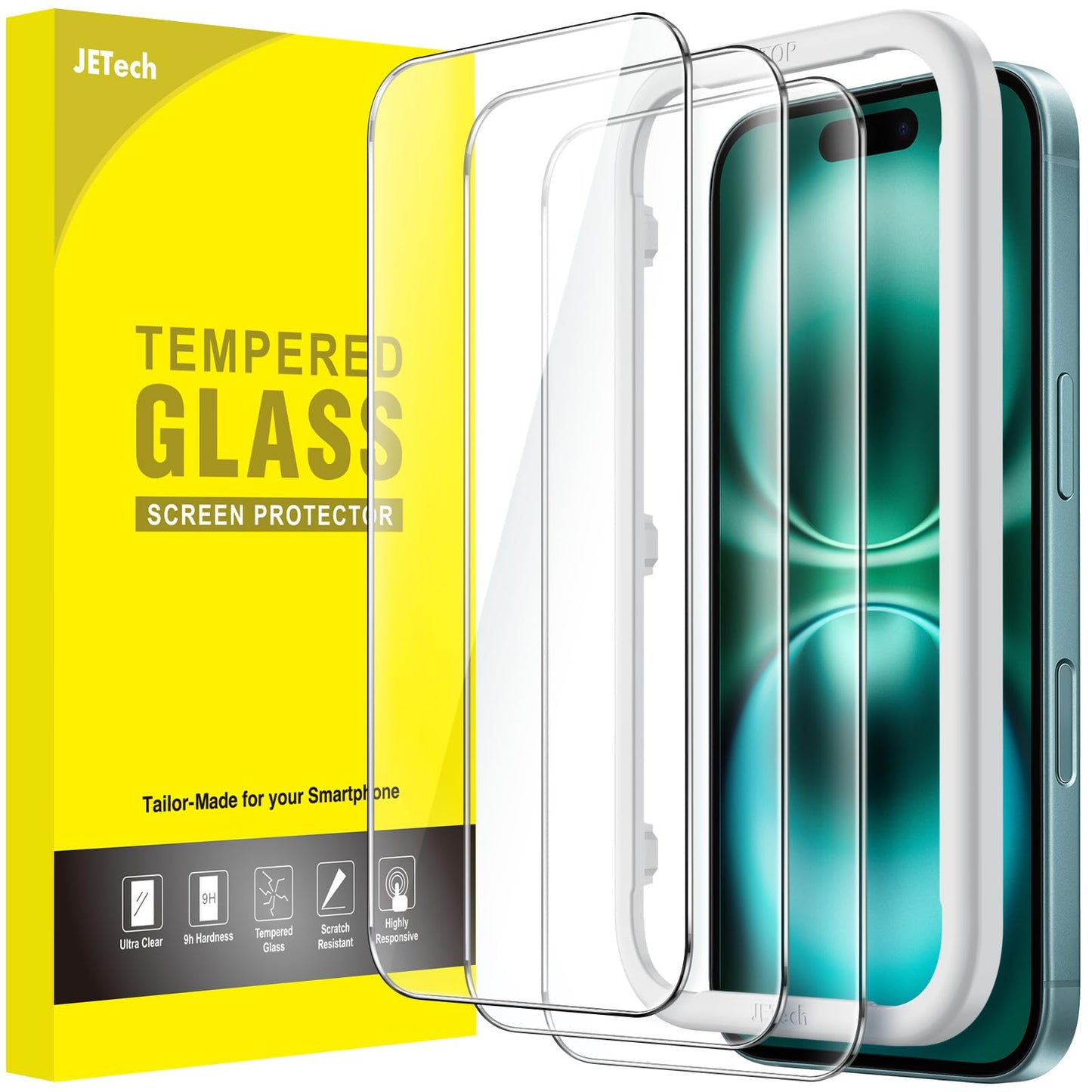 JETech Full Coverage Screen Protector for iPhone 16e 6.1-Inch 2025, 9H Tempered Glass Film, Case-Friendly, HD Clear, 3-Pack