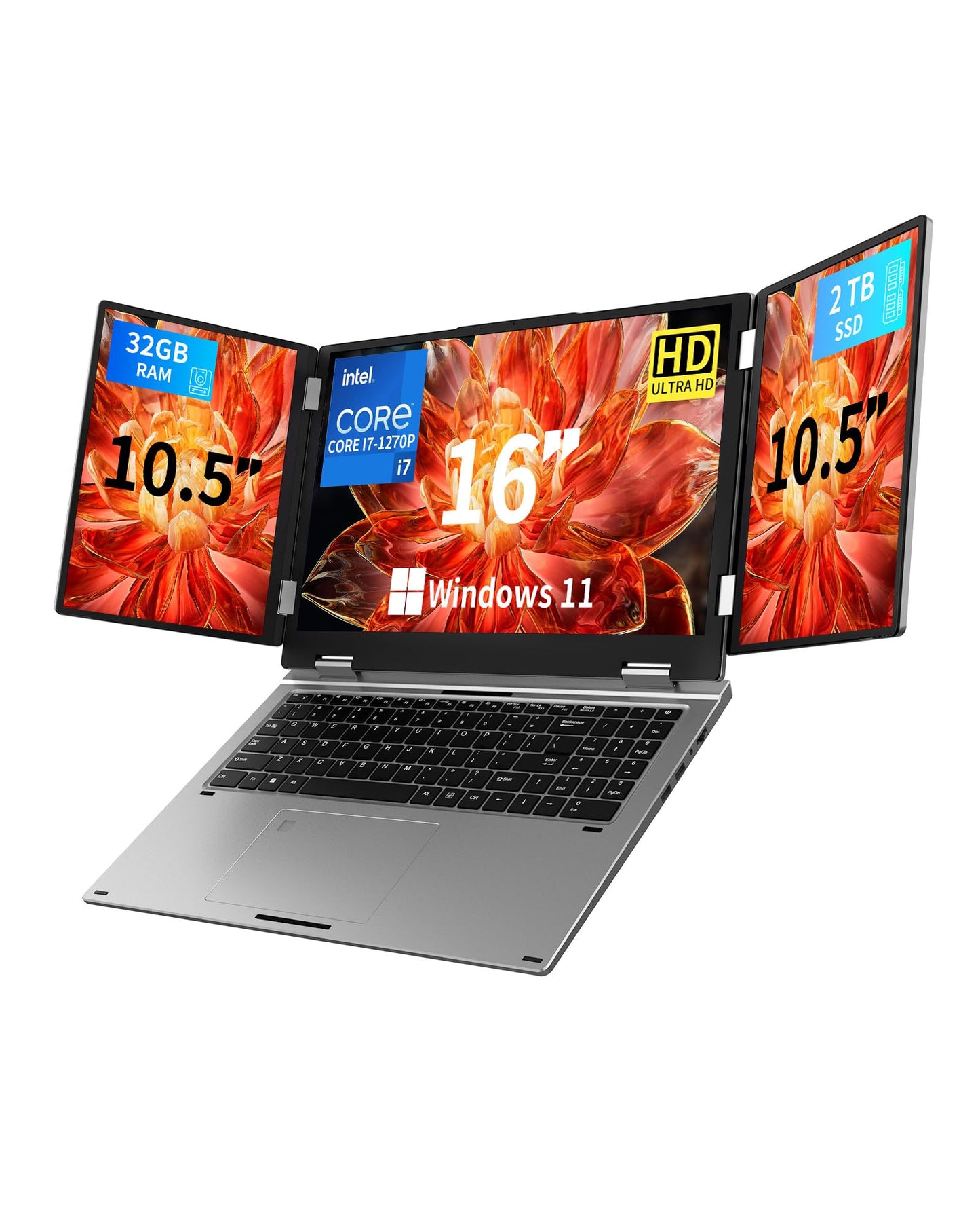 Triple Screen Laptop,16” Main + Dual 10.5” Monitors, Core i7-12700H, 32GB RAM,2TB SSD, Windows 11 Pro,Wi-Fi 6,BT 5.2,Face & Fingerprint Unlock,USB-C,HDMI for Business/Design/Stock Trading