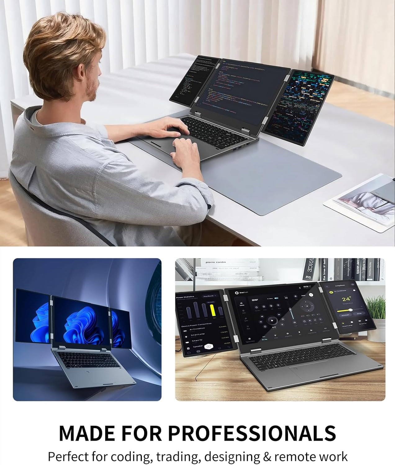 Triple Screen Laptop,16” Main + Dual 10.5” Monitors, Core i7-12700H, 32GB RAM,2TB SSD, Windows 11 Pro,Wi-Fi 6,BT 5.2,Face & Fingerprint Unlock,USB-C,HDMI for Business/Design/Stock Trading