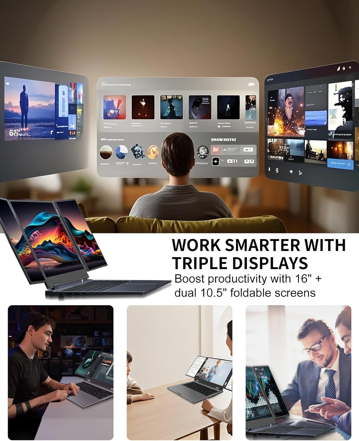 Triple Screen Laptop,16” Main + Dual 10.5” Monitors, Core i7-12700H, 32GB RAM,2TB SSD, Windows 11 Pro,Wi-Fi 6,BT 5.2,Face & Fingerprint Unlock,USB-C,HDMI for Business/Design/Stock Trading