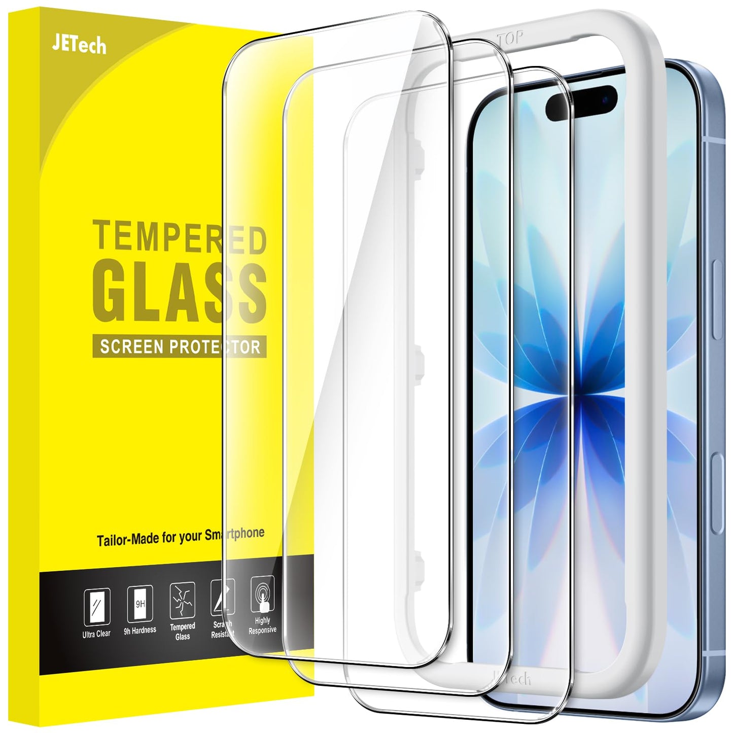 JETech Full Coverage Screen Protector for iPhone 16e 6.1-Inch 2025, 9H Tempered Glass Film, Case-Friendly, HD Clear, 3-Pack