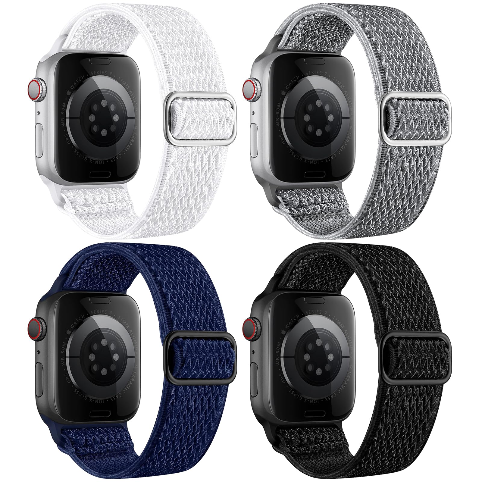 4 Pack Stretchy Nylon Band Compatible with Apple Watch Bands for Men Women 44mm 40mm 41mm 42mm 45mm 46mm 49mm 38mm, Braided Solo Loop Elastic Strap for iWatch Ultra 3 2 Series 11 10 9 8 7 6 5 4 SE 3