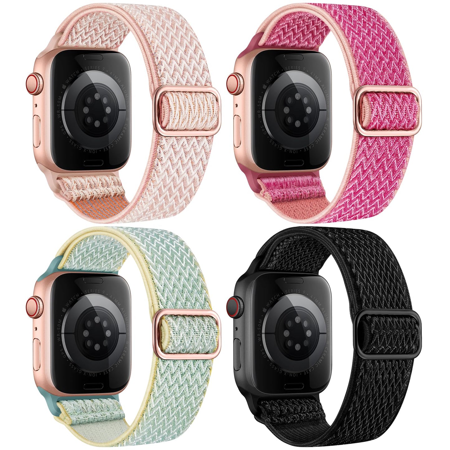 4 Pack Stretchy Nylon Band Compatible with Apple Watch Bands for Men Women 44mm 40mm 41mm 42mm 45mm 46mm 49mm 38mm, Braided Solo Loop Elastic Strap for iWatch Ultra 3 2 Series 11 10 9 8 7 6 5 4 SE 3