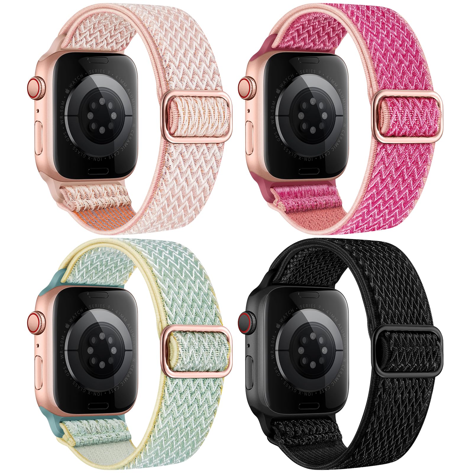 4 Pack Stretchy Nylon Band Compatible with Apple Watch Bands for Men Women 44mm 40mm 41mm 42mm 45mm 46mm 49mm 38mm, Braided Solo Loop Elastic Strap for iWatch Ultra 3 2 Series 11 10 9 8 7 6 5 4 SE 3
