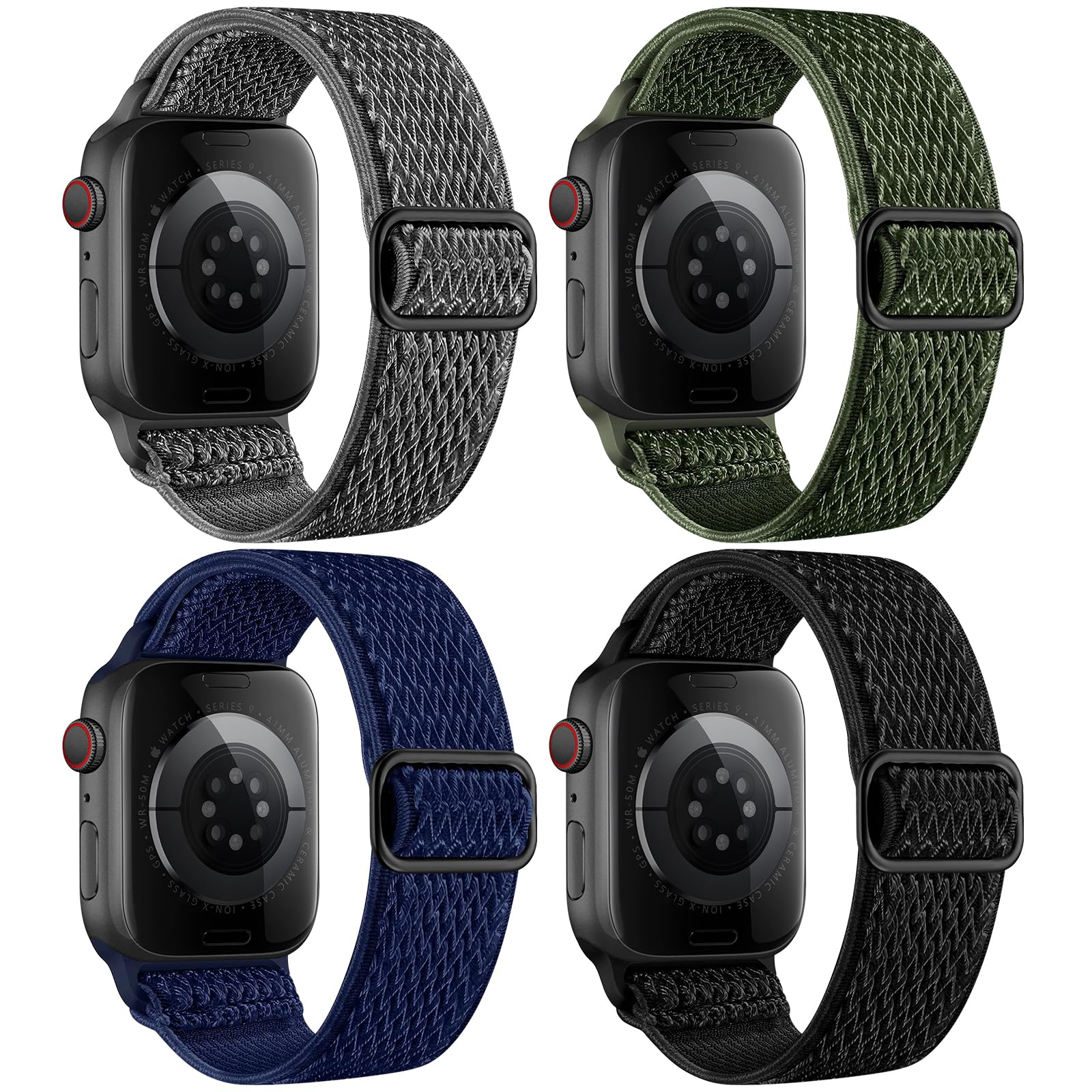 4 Pack Stretchy Nylon Band Compatible with Apple Watch Bands for Men Women 44mm 40mm 41mm 42mm 45mm 46mm 49mm 38mm, Braided Solo Loop Elastic Strap for iWatch Ultra 3 2 Series 11 10 9 8 7 6 5 4 SE 3