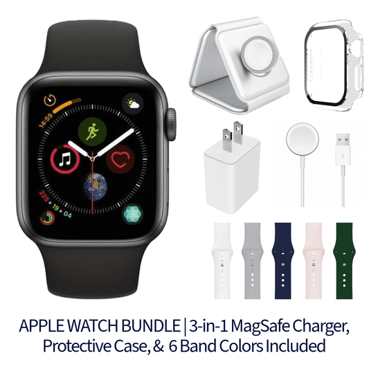 Restored Apple Watch Series 5 Bundle - 44mm GPS Space Gray (2019) - 3-in-1 MagSafe Charger, Protective Case & 6 Bands Included (Refurbished)