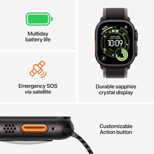 Apple Watch Ultra 3 [GPS + Cellular 49mm] Running & Multisport Smartwatch w/Rugged Titanium Case w/Black/Charcoal Trail Loop - M/L. Satellite Communications, Advanced Health & Fitness Tracking