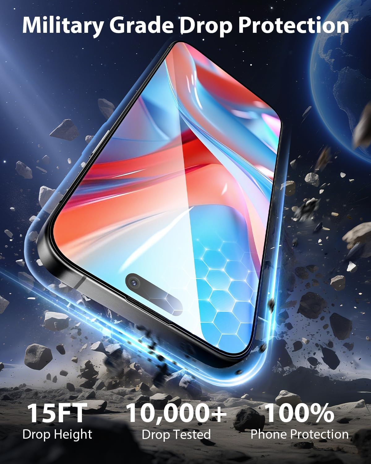 Mkeke for iPhone 16 / iPhone 15 Screen Protector 3 Pack [9H+ Tempered Glass] [15FT Military-Grade Drop Protection] Shockproof Full Edge Coverage