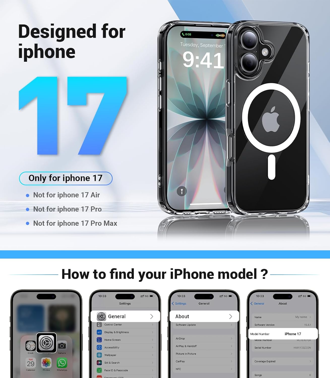 Magnetic for iPhone 17 Case, [Anti-Slip] [Military-Grade Drop Protection] [Camera Protection] Skin-Friendly Slim Translucent Shockproof Protective for iPhone 17 Phone Case, Crystal Clear