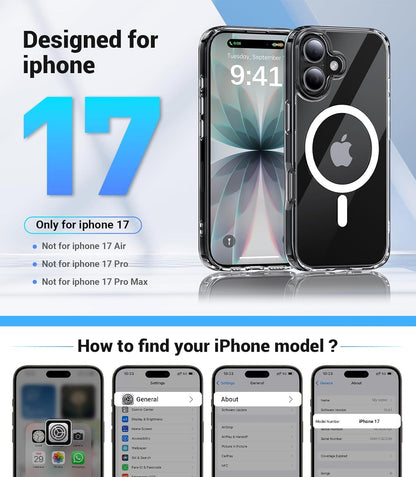 Magnetic for iPhone 17 Case, [Anti-Slip] [Military-Grade Drop Protection] [Camera Protection] Skin-Friendly Slim Translucent Shockproof Protective for iPhone 17 Phone Case, Crystal Clear