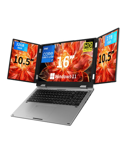 Triple Screen Laptop,16” Main + Dual 10.5” Monitors, Core i7-12700H, 32GB RAM,2TB SSD, Windows 11 Pro,Wi-Fi 6,BT 5.2,Face & Fingerprint Unlock,USB-C,HDMI for Business/Design/Stock Trading