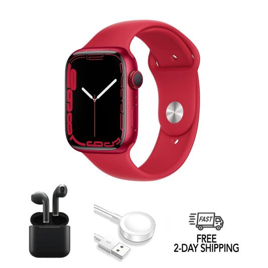 Pre-Owned Apple Watch Series 7 Aluminum 45mm A2474 (GPS Only, No Cellular) Red w/ Wireless Earbuds