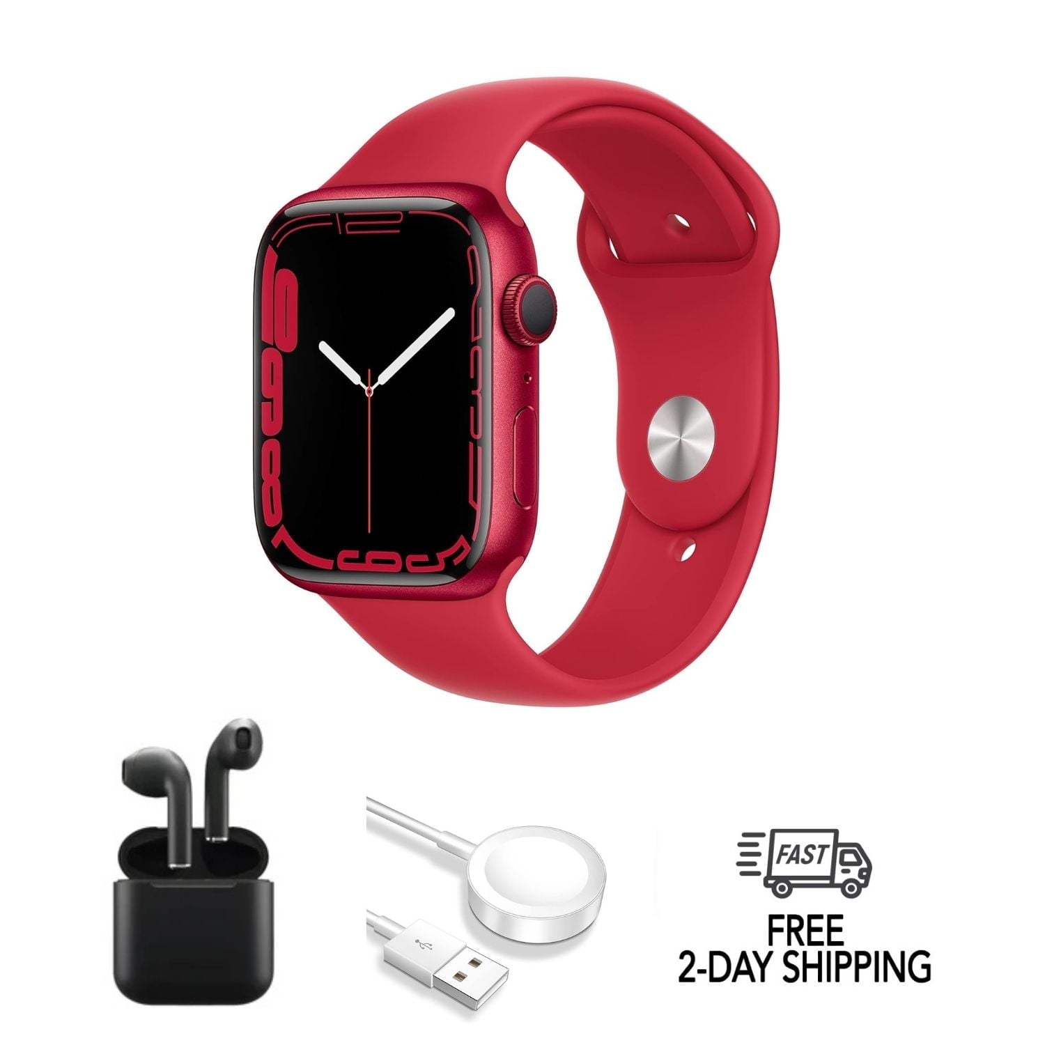 Pre-Owned Apple Watch Series 7 Aluminum 45mm A2474 (GPS Only, No Cellular) Red w/ Wireless Earbuds