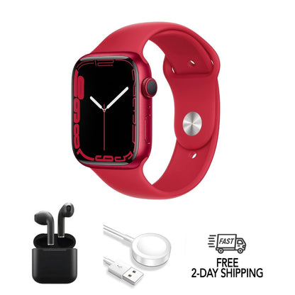 Pre-Owned Apple Watch Series 7 Aluminum 45mm A2474 (GPS Only, No Cellular) Red w/ Wireless Earbuds