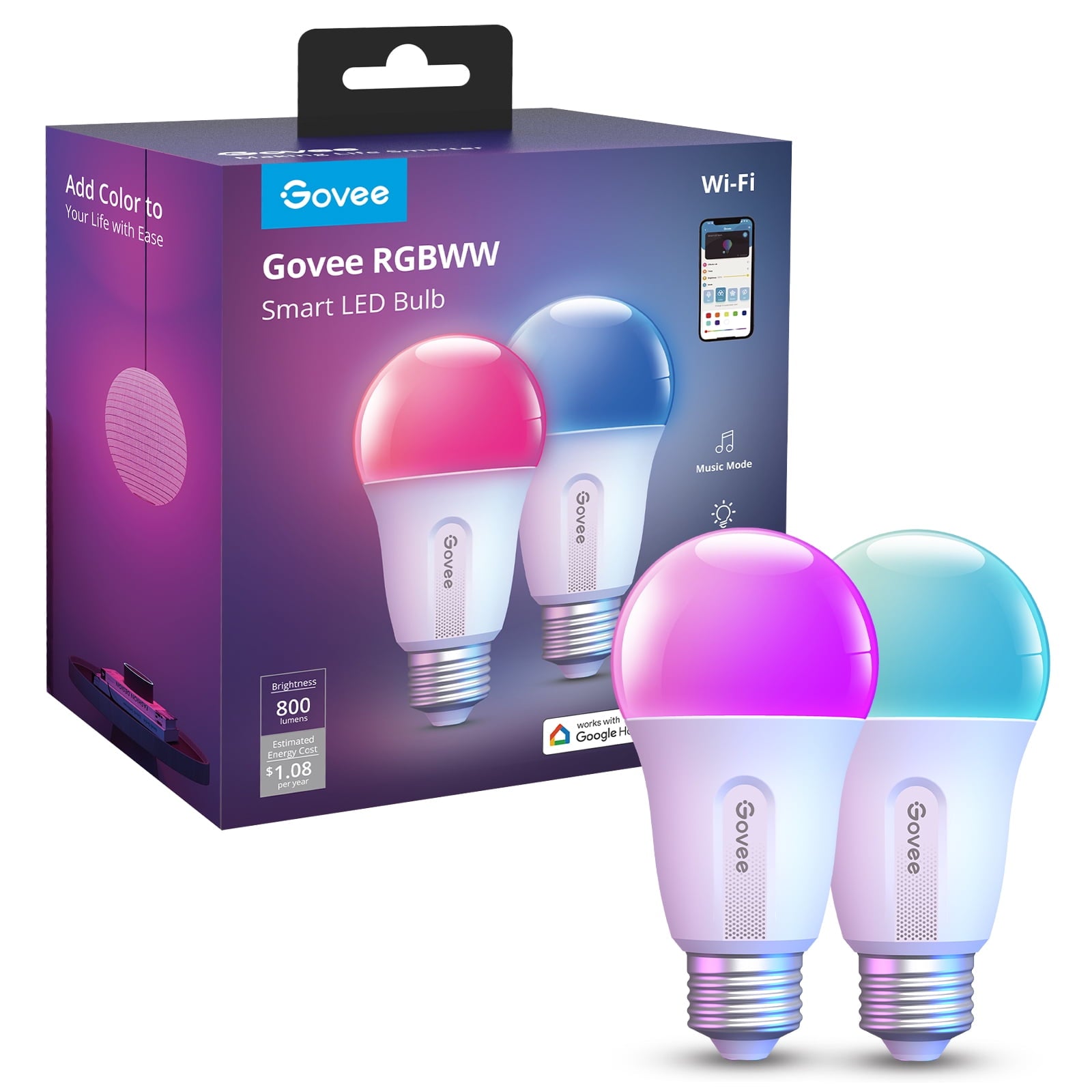 Govee Smart LED Bulbs A19 800LM, 9W RGBWW Color-Changing Light Bulbs, E26 Base, 2-Pack, WiFi + Bluetooth